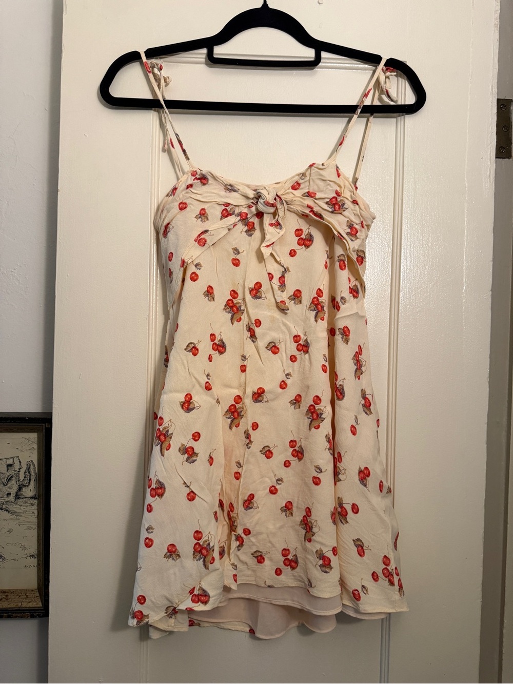 For Love & Lemons Kate Cream Cherry Print Tie Mini Sun Dress Medium *flawed*
